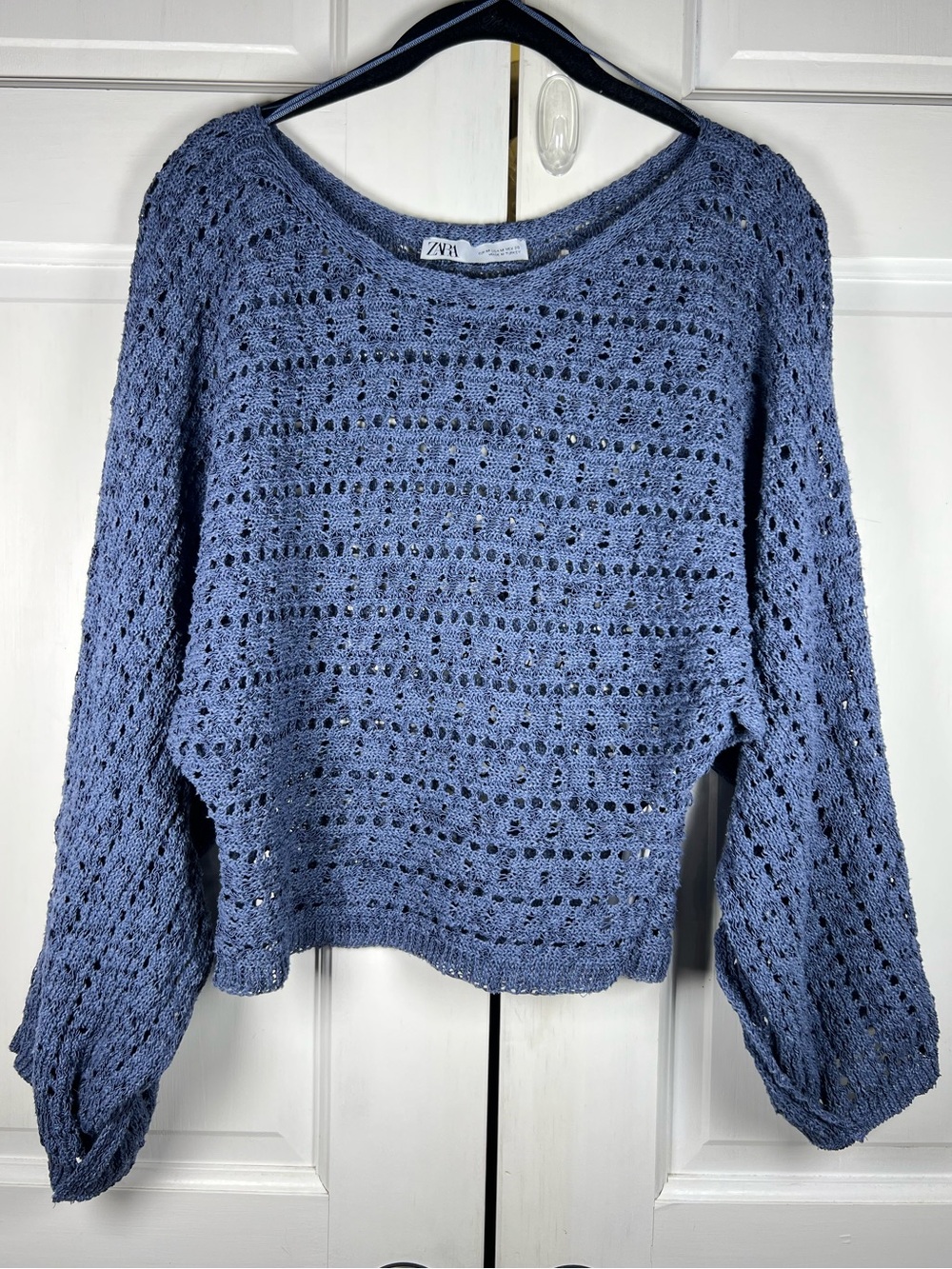 Zara Cropped, batwing/dolman long sleeves, open-knit stitch Slate Blue Size M